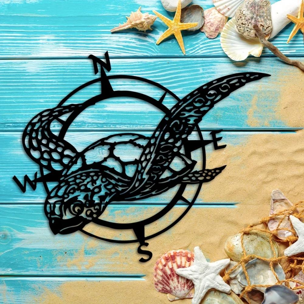 Black Metal Sea Turtle Compass Wall Sign Ideal Beach Home Decor for Kitchen, Garden; Great Housewarming Gift