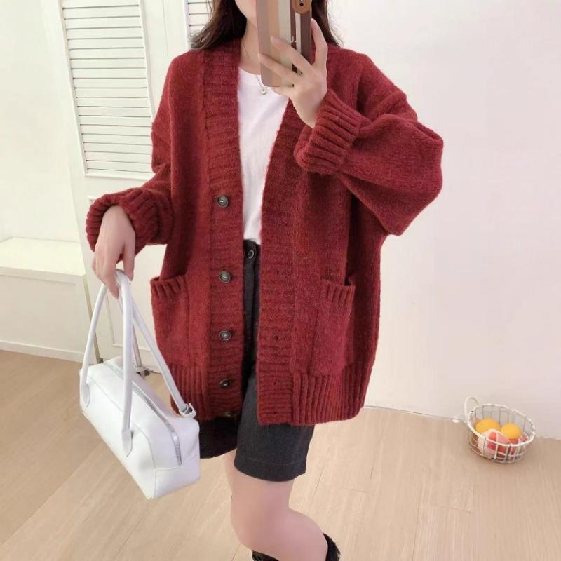 Ленивый ветер вязаный кардиган женская одежда осень и зима новый свободный повседневный утолщенный свитер на пуговицах с V-образным вырезом женский