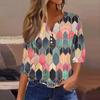 Women's Fashion V-Neck Button Seven Sleeve T-Shirt Casual Geometric Splicing Printed Top