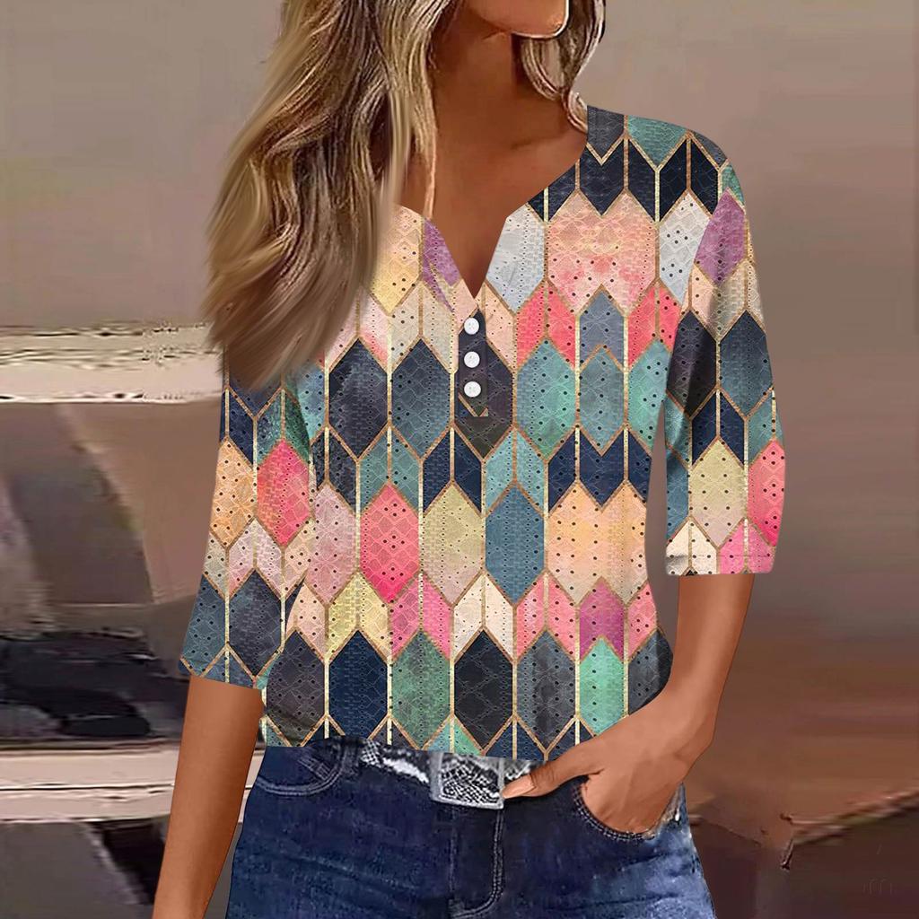 Women's Fashion V-Neck Button Seven Sleeve T-Shirt Casual Geometric Splicing Printed Top