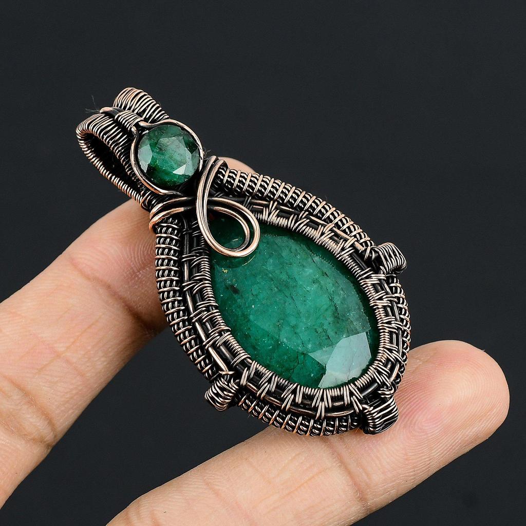 Emerald Pendant, 999 Copper Wire Wrapped Pendant Gemstone Jewelry, Handmade Pendant Amazing Jewelry, Gift For Her