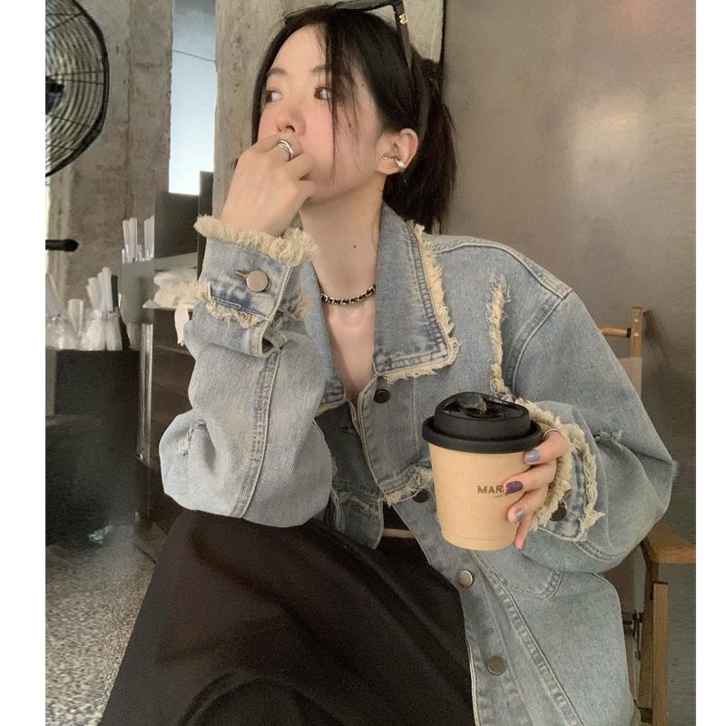 Винтажная джинсовая куртка в стиле ретро с необработанными краями для женщин, весенне-осенняя свободная куртка с длинными рукавами, топ