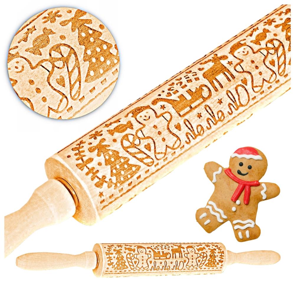 Wooden rolling pin with Christmas patterns and decorative engraving