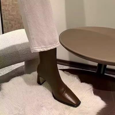 Коричневые комбинированные короткие ботинки женские высокий каблук толстый каблук задняя молния квадратный носок новые зимние эластичные тонкие ботинки