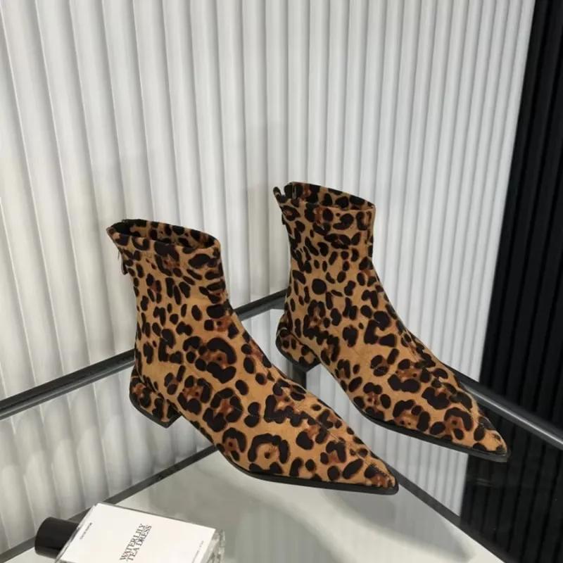 Fashion Womens Sexy Pointed Leopard Print Rider Boots Botas Femininas Winter Warm Suede 2024New Low Heel Trendy Motorcycle Fashion Boots