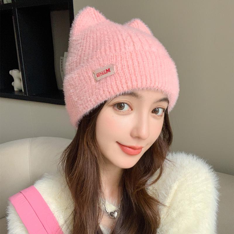 New Women Cute Cat Ear Winter Hat Fashion Faux Fur Knitted Hat Kpop Style Soft Beanie Hats Female Candy Colors Streetwear Cap