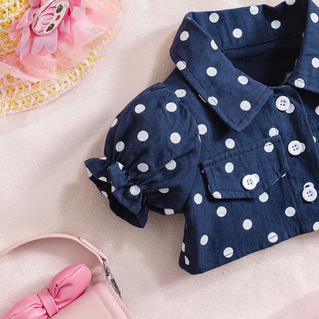6M-3Y Children's Polka Dot Lapel Bubble Short-sleeved Jacket + Halter Bow Saree Girls Skirt Suit