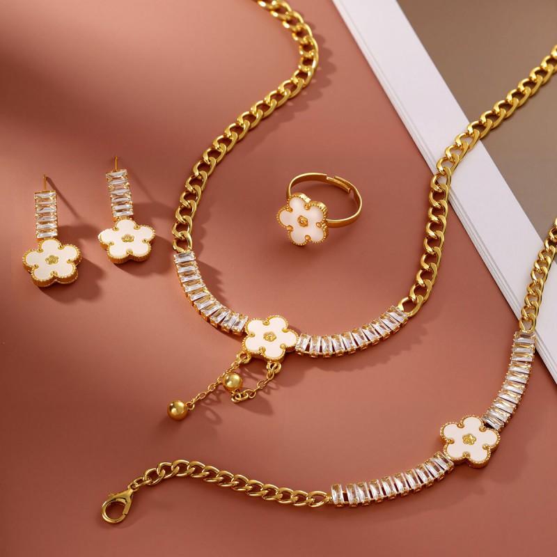 Elegant Clover Jewelry Set Women Stainless Steel Cuban Chain Necklace Bracelet Earrings Ring 5-Piece Luxury Accessory