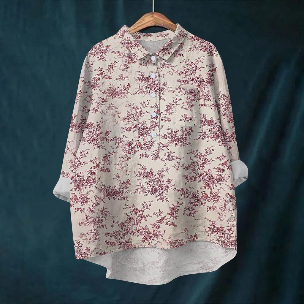 Women's Shirt Blouse Long-sleeved With Buttons Print Casual Hem Irregular Shirt Collar Top