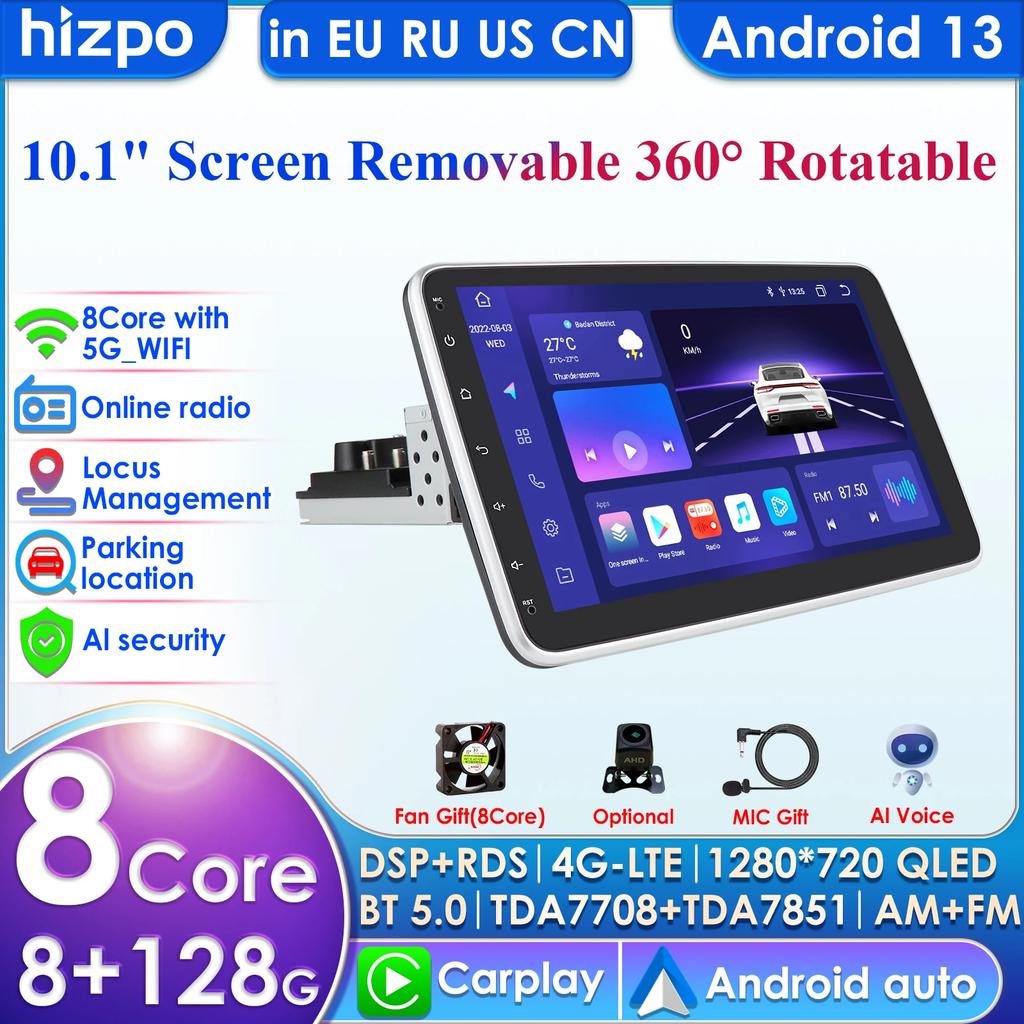 Автомобильный мультимедийный плеер Hizpo Поворотный 1 Din Android 13 Автомагнитола GPS Навигационный плеер