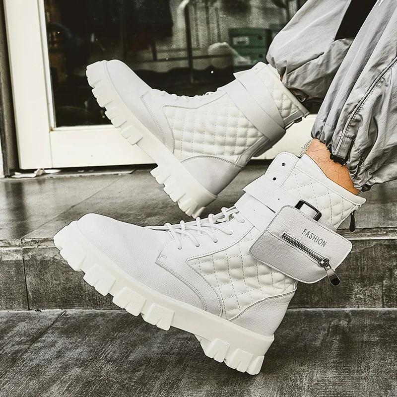 Высокие уличные карманные мужские модные туфли на платформе осенне-зимние повседневные мужские ботильоны белые кожаные дизайнерские ботинки для мужчин