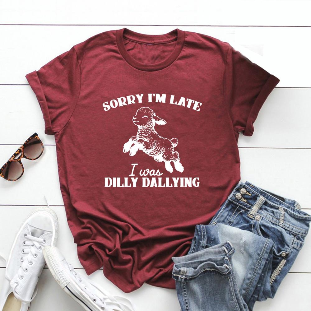 Извините, я опоздал, я просто валялся, футболки, милая футболка с изображением ягненка и овцы, повседневная футболка с коротким рукавом, забавная женская одежда, футболка с круглым вырезом