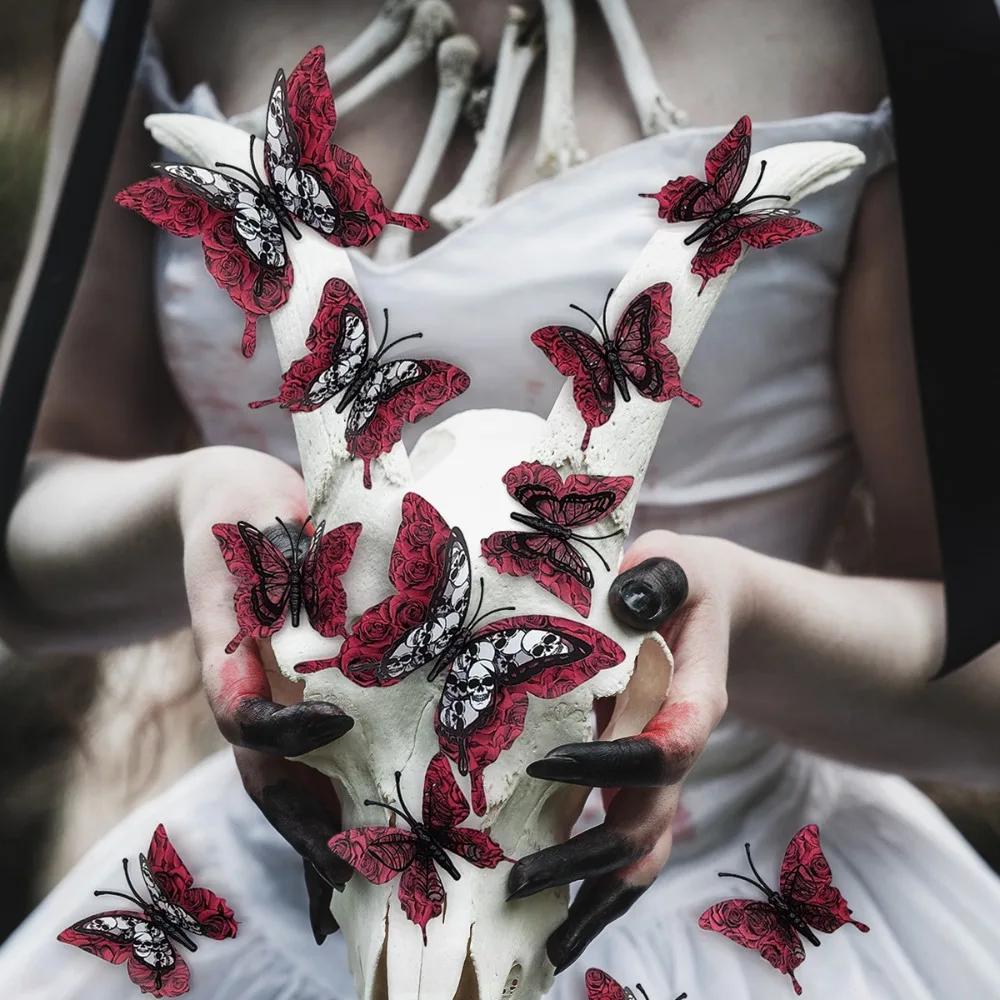 Двухслойное украшение в виде черепа и розы на Хэллоуин, 3D наклейки для украшения гостиной и спальни, Набор из 12 штук