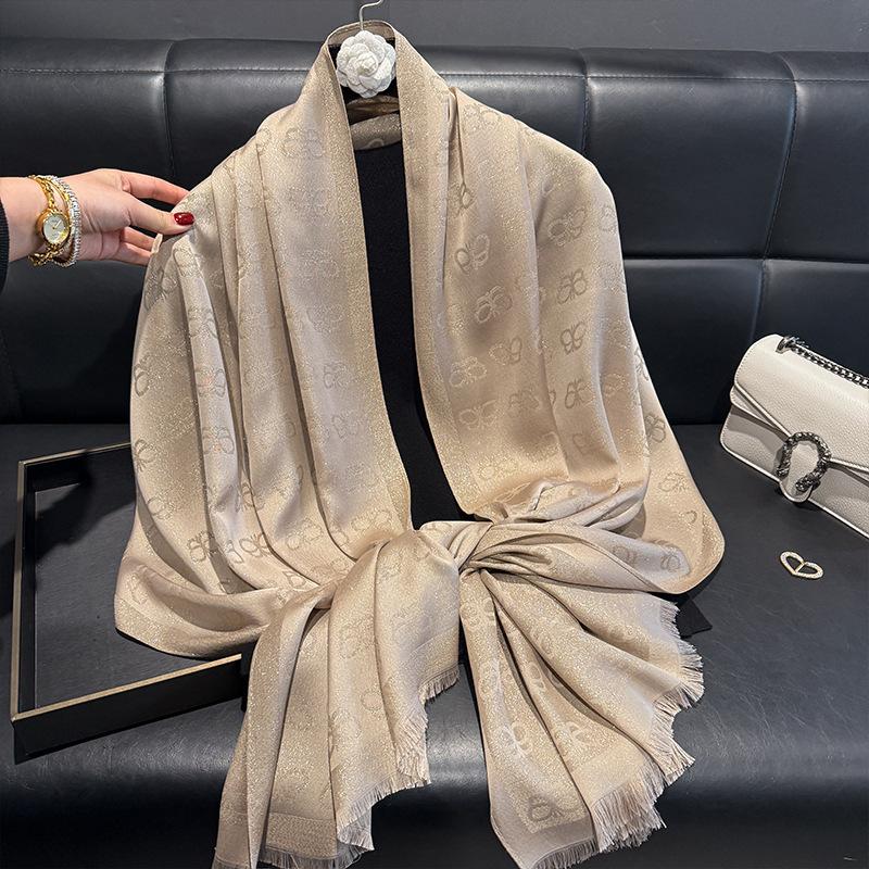 New Imitation Silk Fashionable Elegant High-end Long Silk Scarf Short Beard Shawl Long Scarf Tensile Cotton Gold Silk Scarf