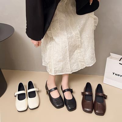 Ретро туфли-лодочки на плоской подошве, весна, новый, ремешок с одной пряжкой, универсальные, квадратный носок, мягкая подошва, маленькие кожаные туфли женские
