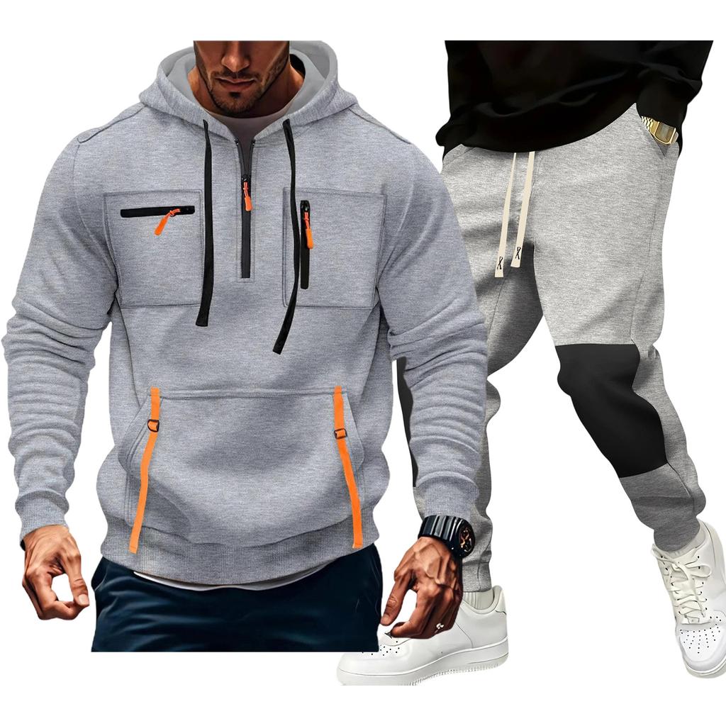 Men'S Hoodie Multi Pocket Hooded Long Sleeved Casual Sports Two-Piece Set