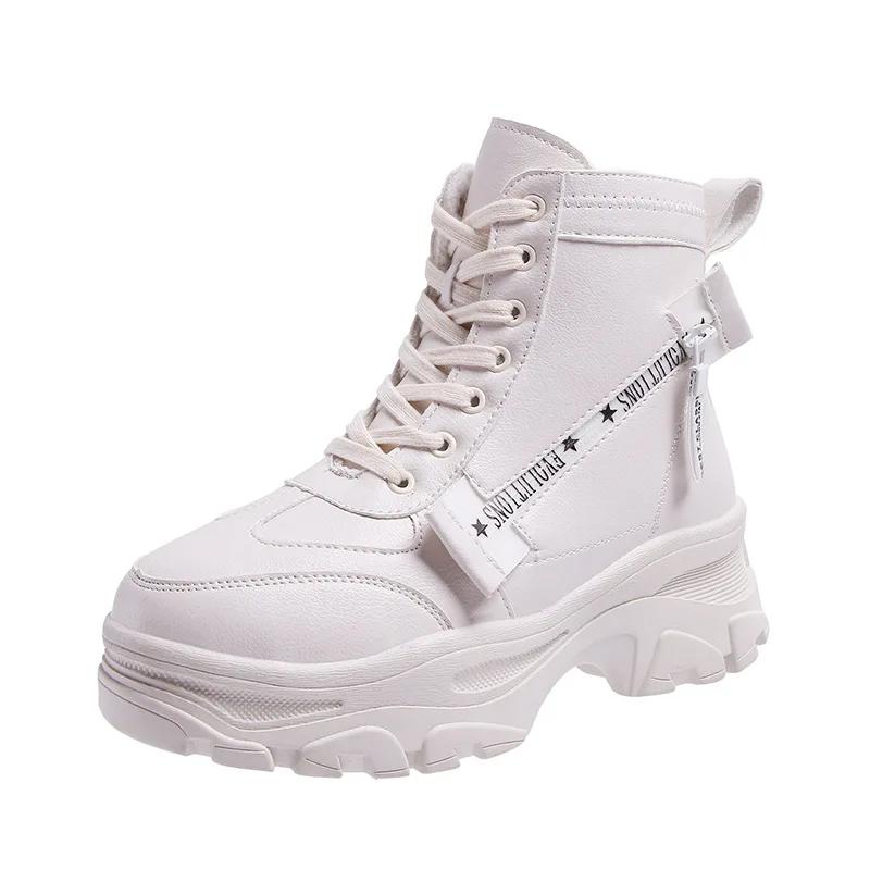 Autumn High Platform Boots 8CM High Heels Women Thick Sole Ankle Shoes Leather Wedge Sneakers Keep Warm Winter Plush Boots2024