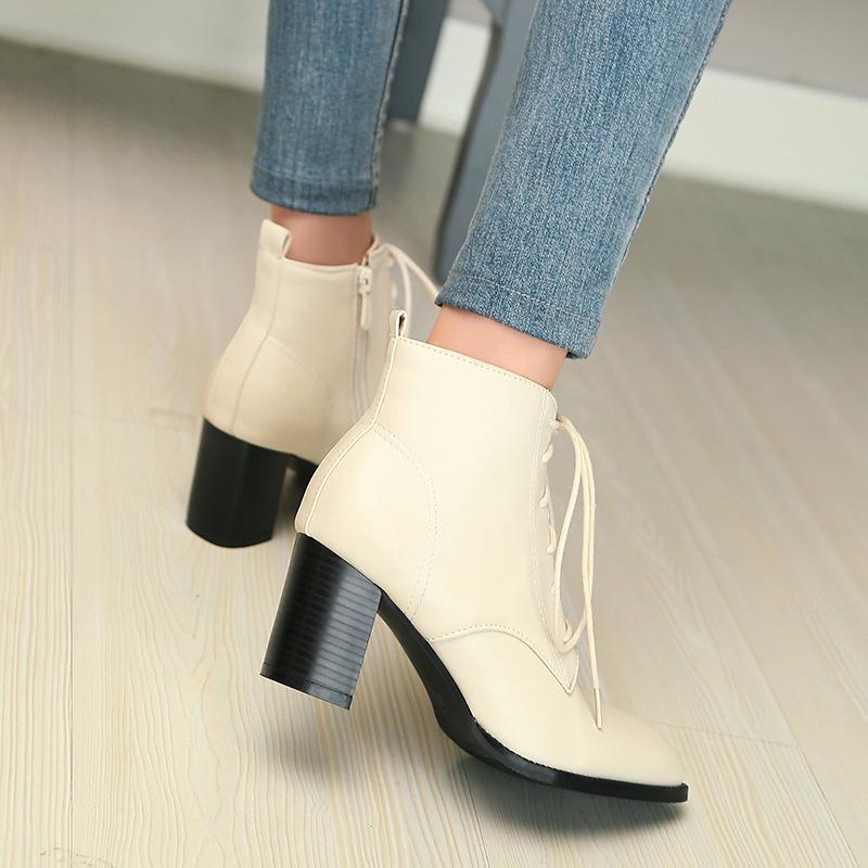 Модные ботильоны для женщин повседневные на шнуровке осенне-весенние короткие ботинки женские на толстом среднем каблуке черные красные туфли женские большого размера 45 46