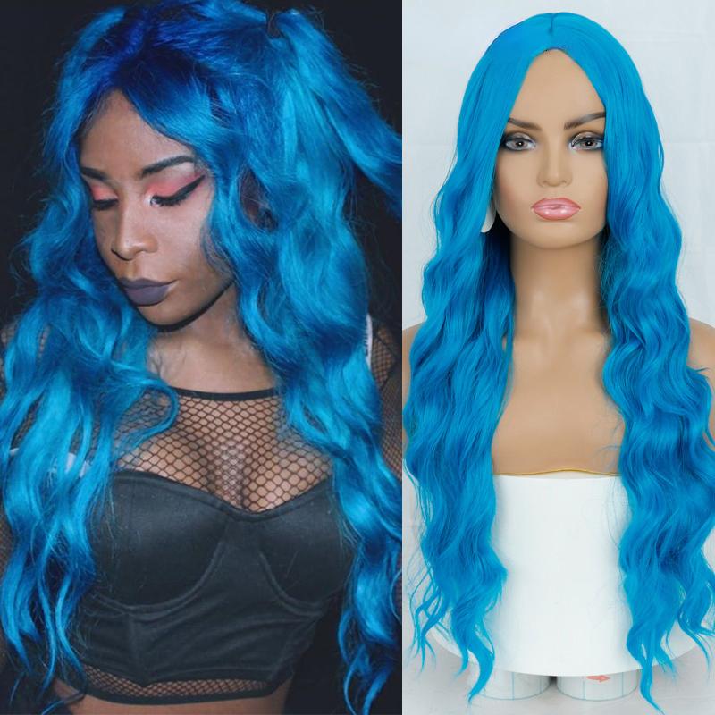 MISS WIG Женские красивые длинные волнистые волосы без челки, синий длинный волнистый парик из синтетического волокна для женщин