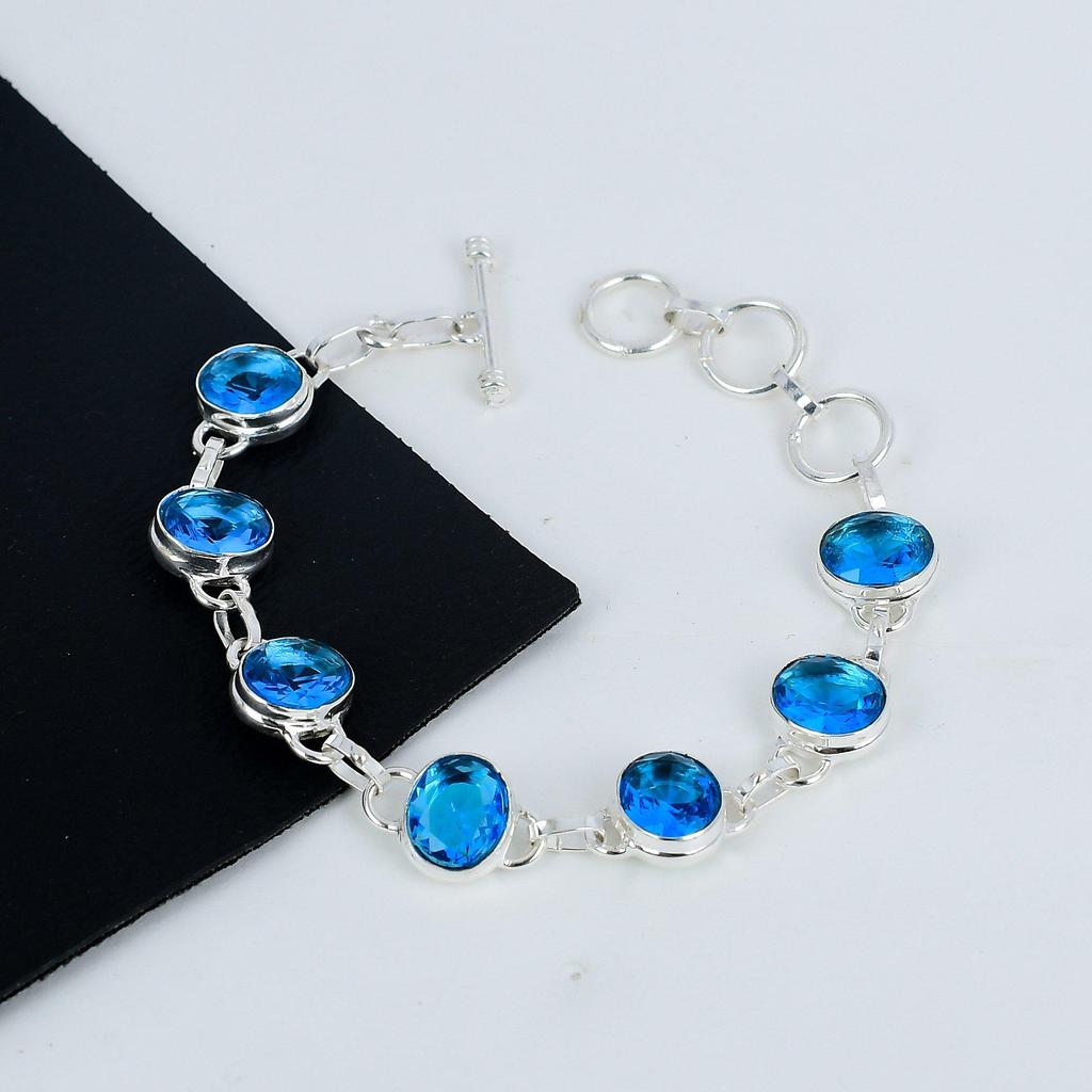 Изящный браслет Siwss Blue Topaz Gemstone Handmade из серебра 925 пробы, браслет Siwss Blue Topaz для жены, браслет унисекс, подарок на День отца