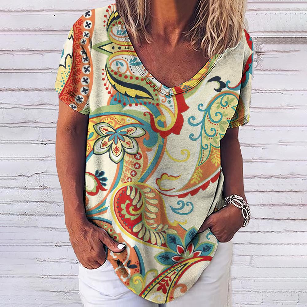 Винтажный принт топ женский с короткими рукавами уличная летняя футболка женская мода повседневная футболка с V-образным вырезом Y2k свободная женская одежда
