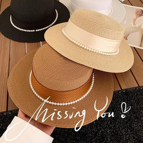 Women Sun Hat Breathable Wide Brim Flat Top French Style Straw Woven Hat with Ribbon Faux Pearls Decoration Summer Outdoor Hat