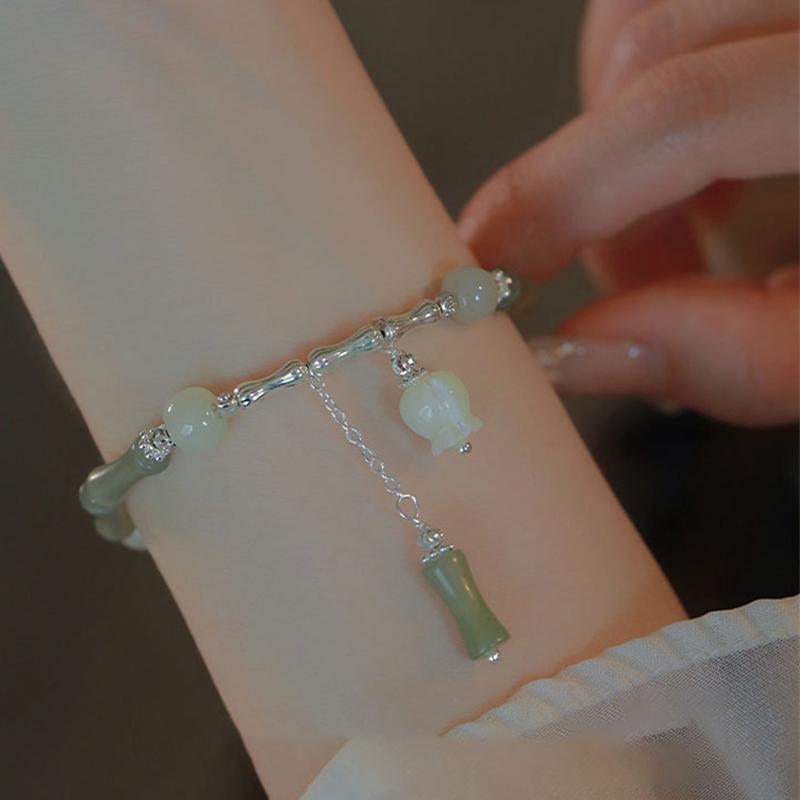 Китайский стиль ретро зеленый бамбуковый браслет с бусинами для женщин простой браслет из сплава с подвесками в виде цветка ювелирные изделия подарок