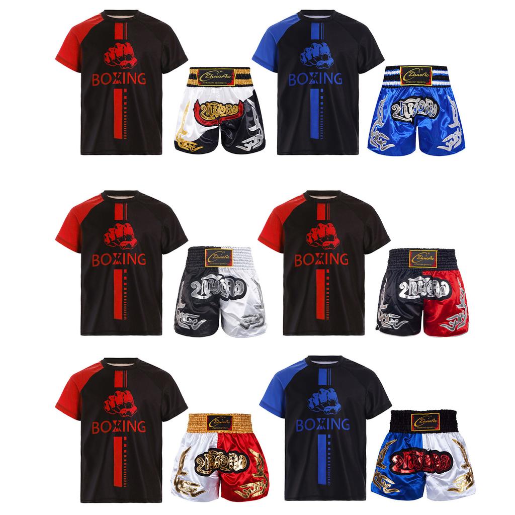 Boys Boxer Training Set Color Block Patchwork T Shirt Round Neck Short Sleeve Athletic Top Boxing Shorts