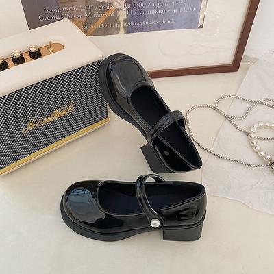 2025 весна и осень новая французская ретро Мэри Джейн одинарные туфли жемчужная круглая головка средний высокий толстый каблук маленькие кожаные туфли женские