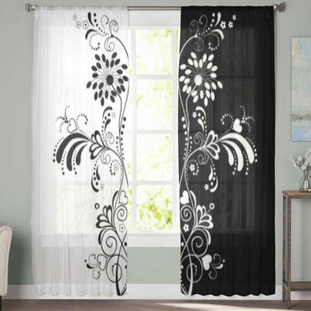 Black And White Floral Sheer Curtain For Living Room Modern Voile Tulle Window Curtains For Bedroom Kitchen Drapes