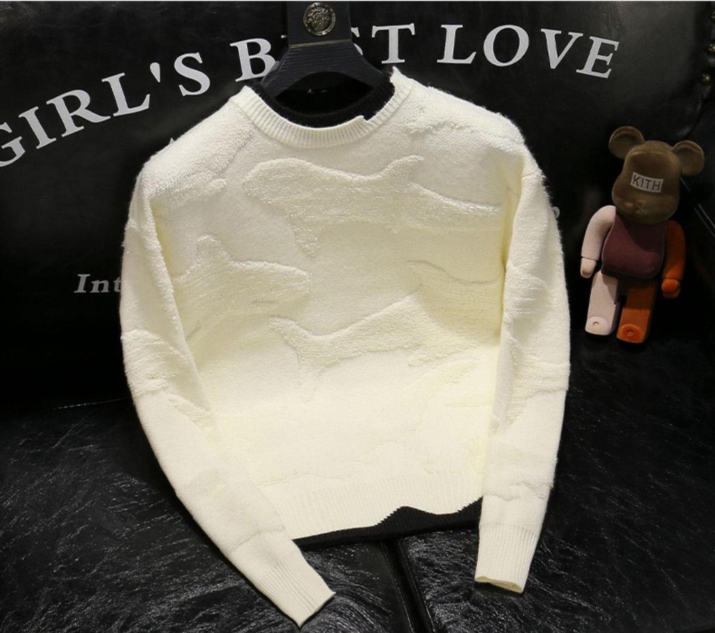 Autumn 2024 Men's Loose Fit Black 3D Print Round Neck Knit Sweater