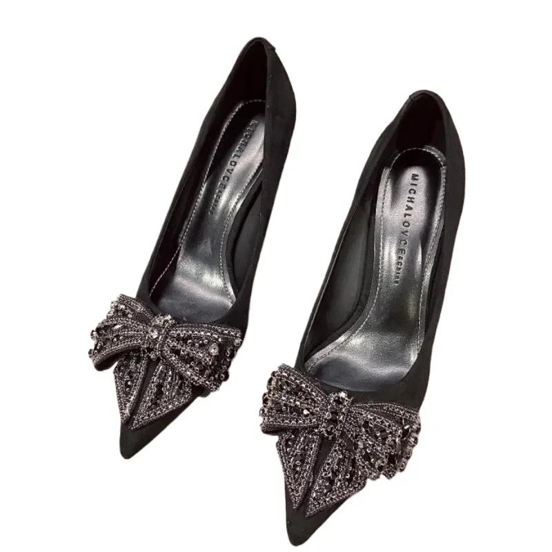 Элегантные женские туфли на каблуке 2025 Слипоны Женские туфли на высоком каблуке Классические туфли-лодочки Женские туфли с острым носком, ремешком, бантом, на тонком каблуке