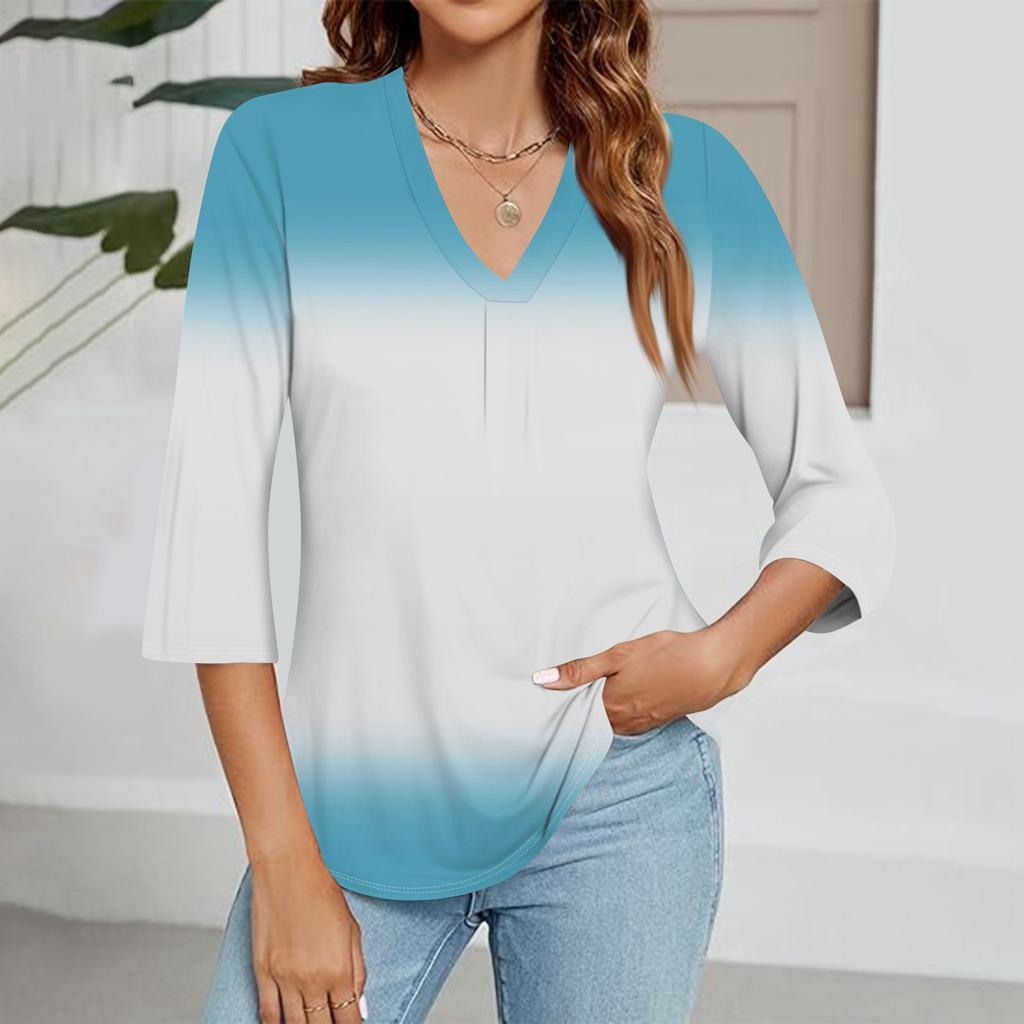 Women's V-neck Gradient Print Three-quarter Sleeve Fashion Top