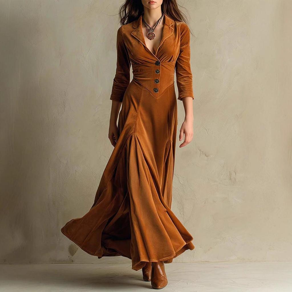 European American Women's Solid Button Lapel 3/4 Sleeve Waisted Midi Dress Casual Party Dress