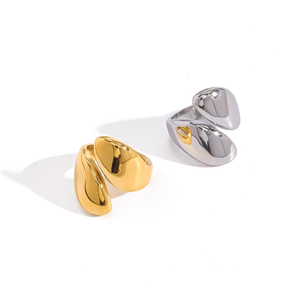 European and American light luxury minimalist stainless steel plated 18k gold glossy water drop open ring ring women's waterproof jewelry