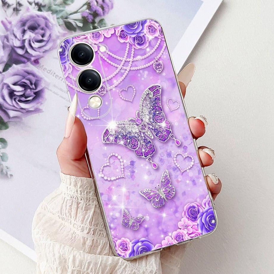 Для Vivo Y29s Y29 4G 5G / Vivo Y04 4G Задняя крышка Девчачий Модный Цветок Бабочка Рисунок Чехол Мягкий ТПУ Прозрачный Тонкий Силиконовый Чехол