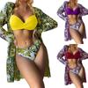 Женский бикини с цветочным принтом, сексуальный быстросохнущий купальник, комплект из 3 предметов