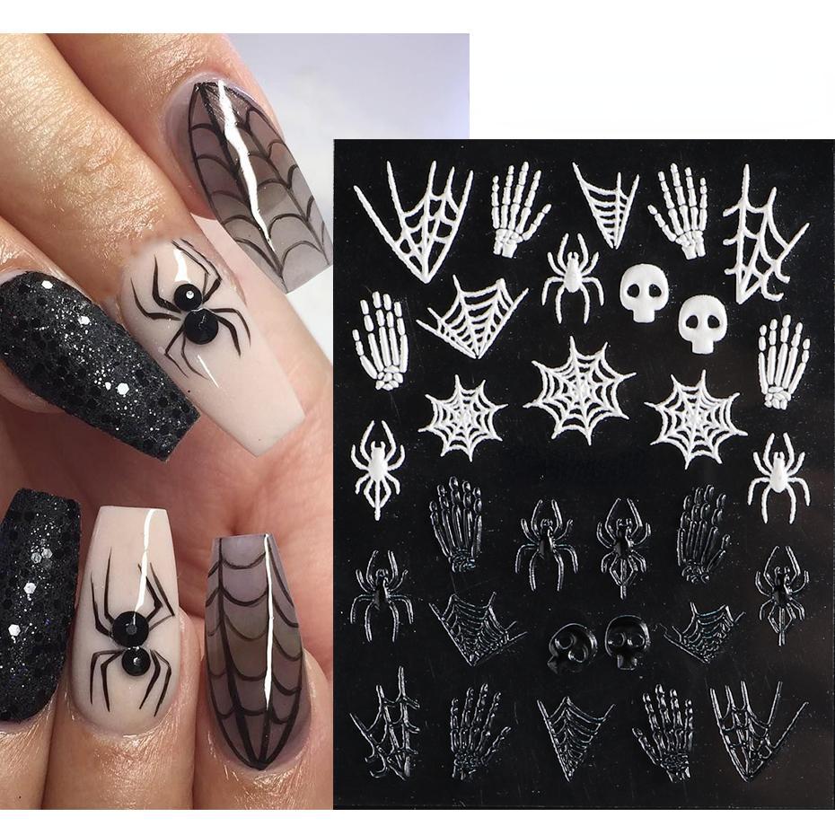 1 Pcs 5D Halloween Nail Art Sticker Spider Web Horror Eyes Face Pumpkin Nail Decal Embossed Design Slider Foil Nail Art