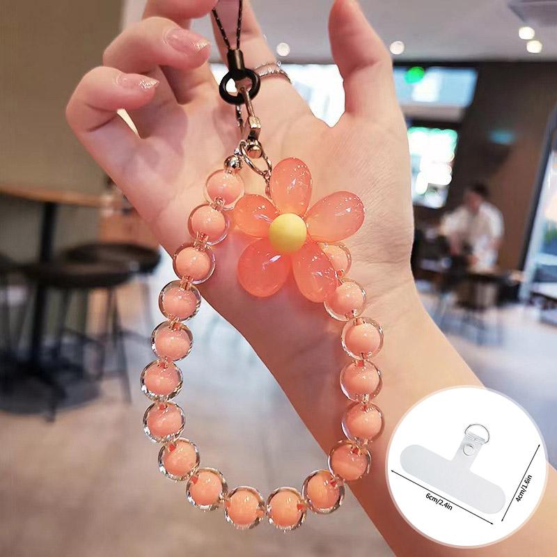 Cell Phone Lanyard Keychain on The Phone Macaron Color Beads Pendant Mobile Phone Rope Flowers Keychains Accessorie