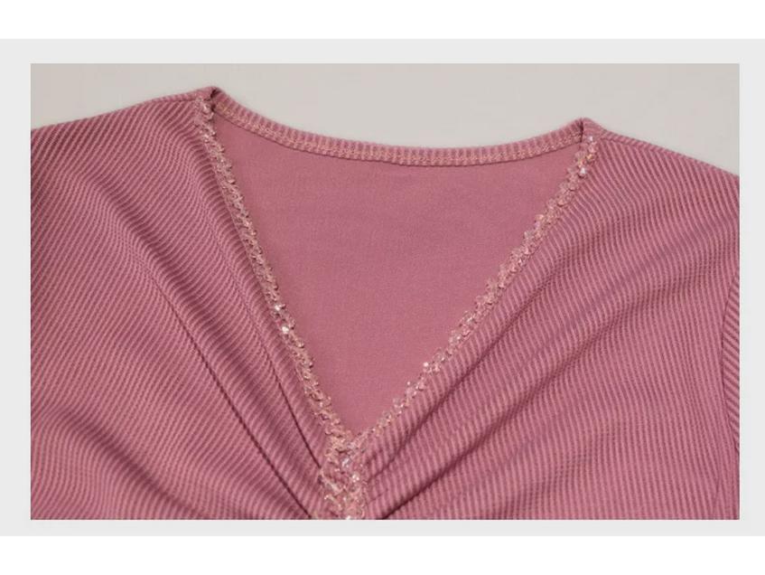 Women's European Style Beaded V-Neck Mesh T-shirt - Short Sleeve, Versatile, Fashionable Summer Blouse