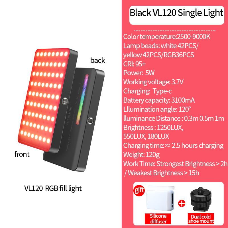 Ulanzi VL120 Полноцветный RGB видеосвет 2500K-9000K Светодиодное освещение для фотосъемки Регулируемый свет для камеры Заполняющая лампа для прямых видеотрансляций
