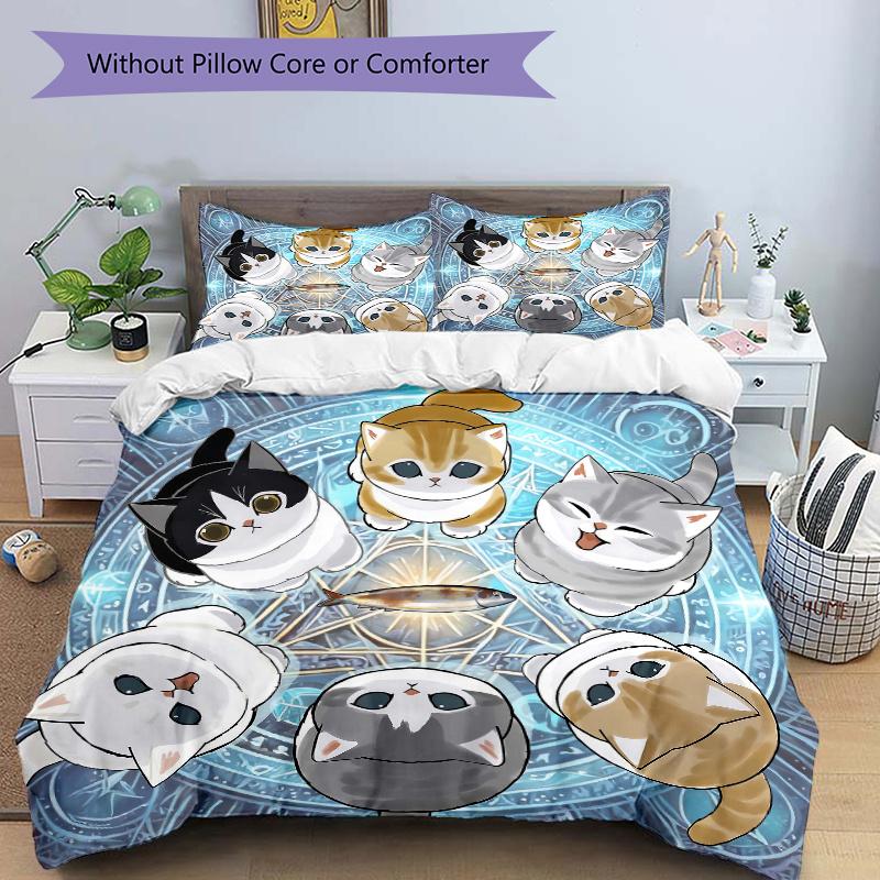 3pcs Six Cute Kittens Quilt Set - Soft and Comfortable Bedroom, Guest Room and Dorm Decor Bedding Set 1 Quilt Cover + 2 Pillowcases.L096