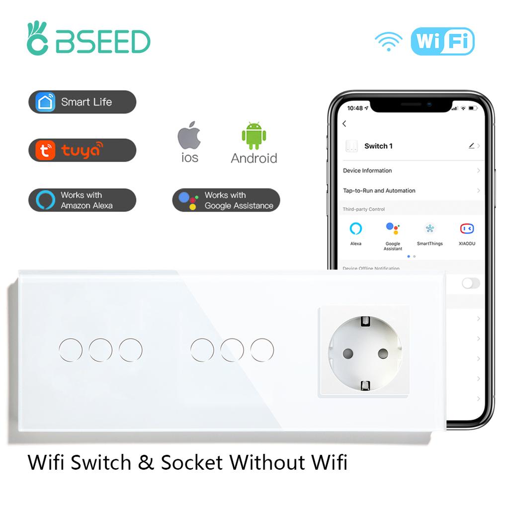 BSEED Wifi Двойные 1/2/3-клавишные сенсорные выключатели Smart Life Управление Alexa Плюс Обычная настенная розетка Стандарт ЕС Стеклянная панель 228 мм