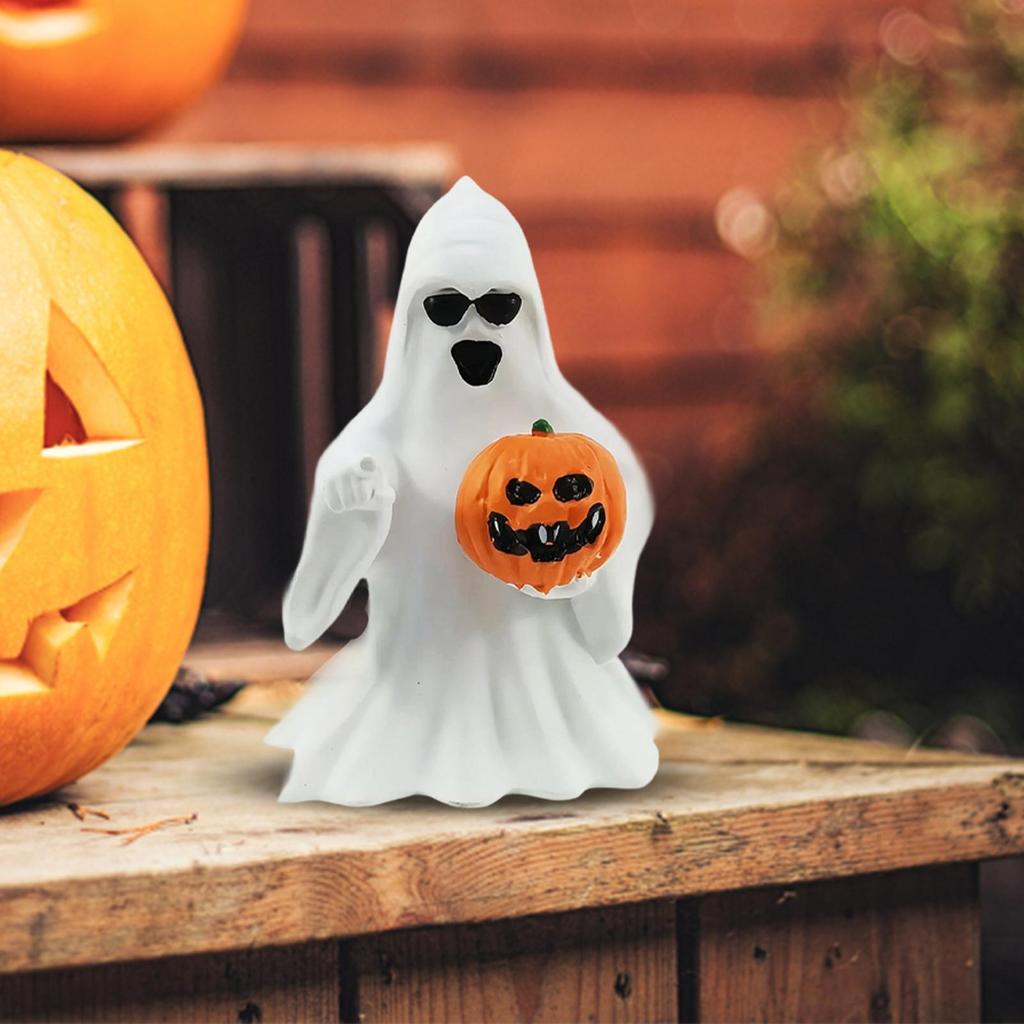 Halloween Ghost Figurine Ghost With Pumpkin Desk Ornament Spooky Resin Sculpture Desk Display Ornaments For Bedroom Entryway
