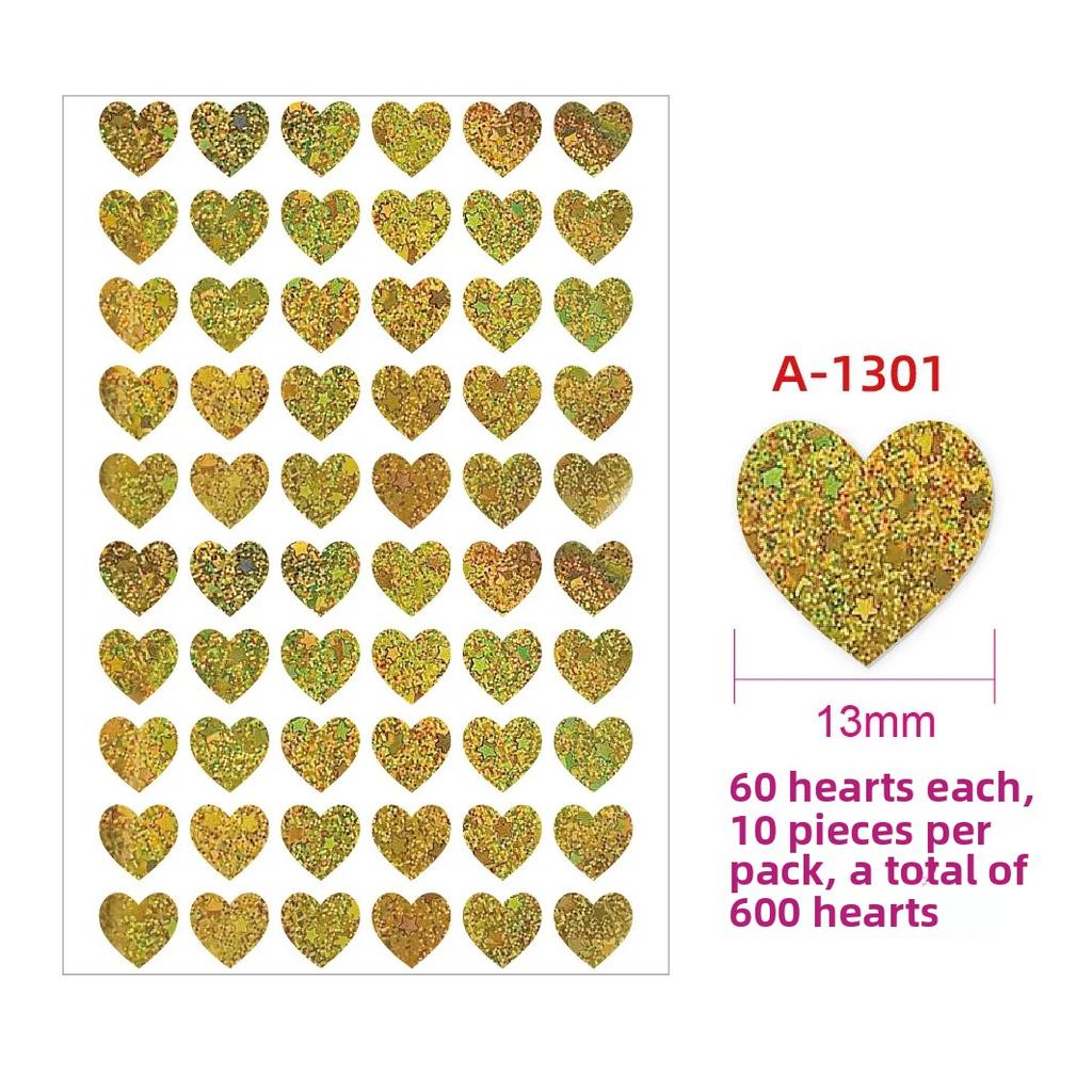 600pcs/10 Sheets Laser Hearts Love Stickers Glitter Adhesive Heart Sticker Labels For Student Planner Scrapbook