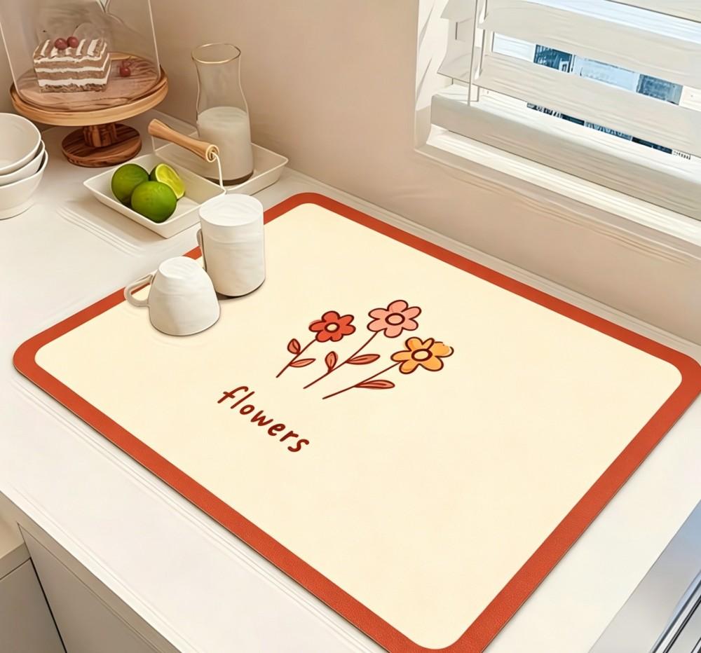 Cream Style Flower Dish Drying Mat Super Absorbent Kitchen Draining Mat Non Slip Coffee Bar Drain Pad Tableware Decor Rug