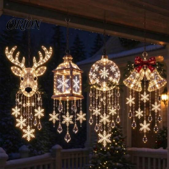 Winter Holiday Decorations Christmas Bell Chandelier, Lighted Deer Hanging Decoration with Cascading LED Strands, Snowflake Festive Ceiling Ornaments
