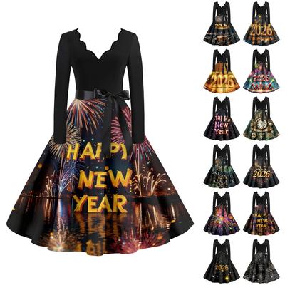 Женское повседневное модное платье винтажного стиля с V-образным вырезом и новогодним принтом