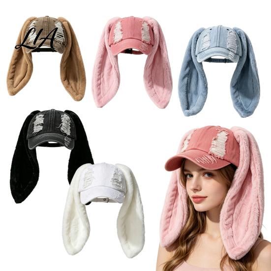 Cold Weather Headwear Baseball Cap with Plush Rabbit Ears, Washed Distressed Peaked Hat for Ear Winter Winter, Long Bunny Dance Party Show Festivals