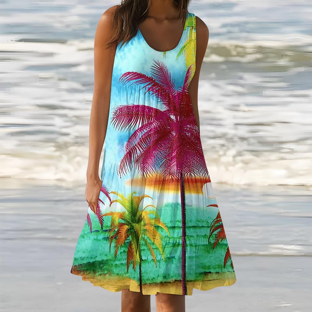Гавайское платье для женщин, летние весенние плиссированные богемные платья, милые струящиеся пляжные платья без рукавов, прямая футболка, платья-майки, платья с круглым вырезом